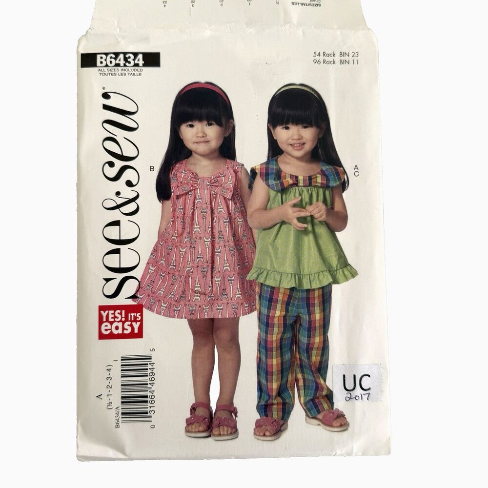 See & Sew 6434 Easy Sewing Pattern Toddler Girls Tops Dress Pants  1/2 - 4 UNCUT